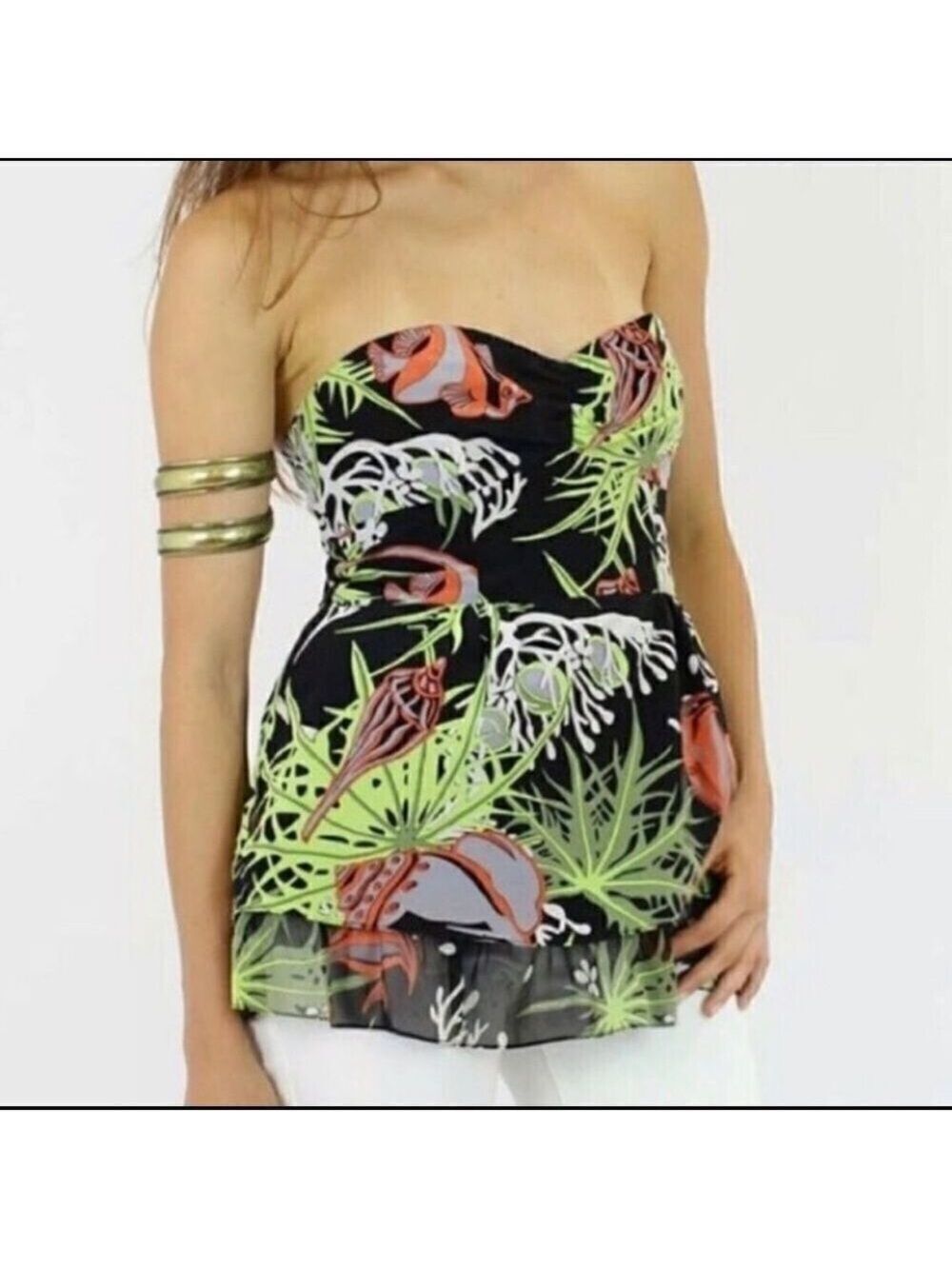 Nanette‎ Lepore Silk Coral Sea Life Strapless Top